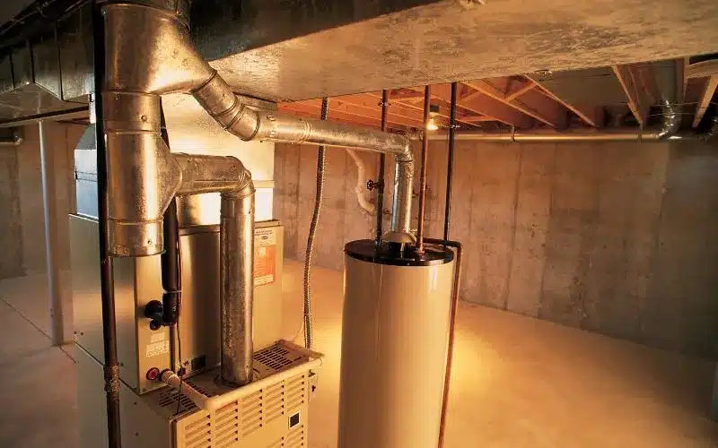 Furnace Repair Cost in Sacramento (2024) 2 View of a clean basement utility room. It features a modern furnace with extensive ductwork and a tall water heater, representing key home heating systems.