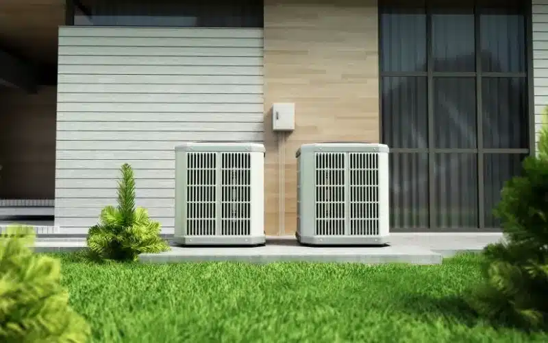 Heat Pumps in Cold Climates: How Do They Work 2 A pair of modern outdoor HVAC units stand beside a house on a sunny day, with green grass in the foreground.