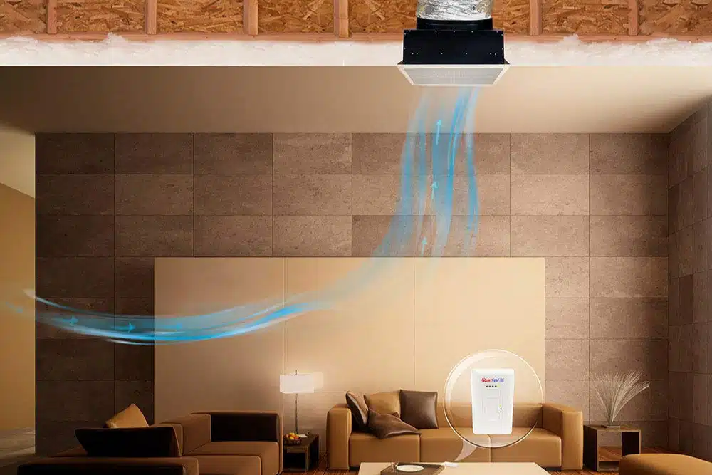 The Benefits of Installing a Whole House Fan 2 Living room illustrates air circulation from a ceiling